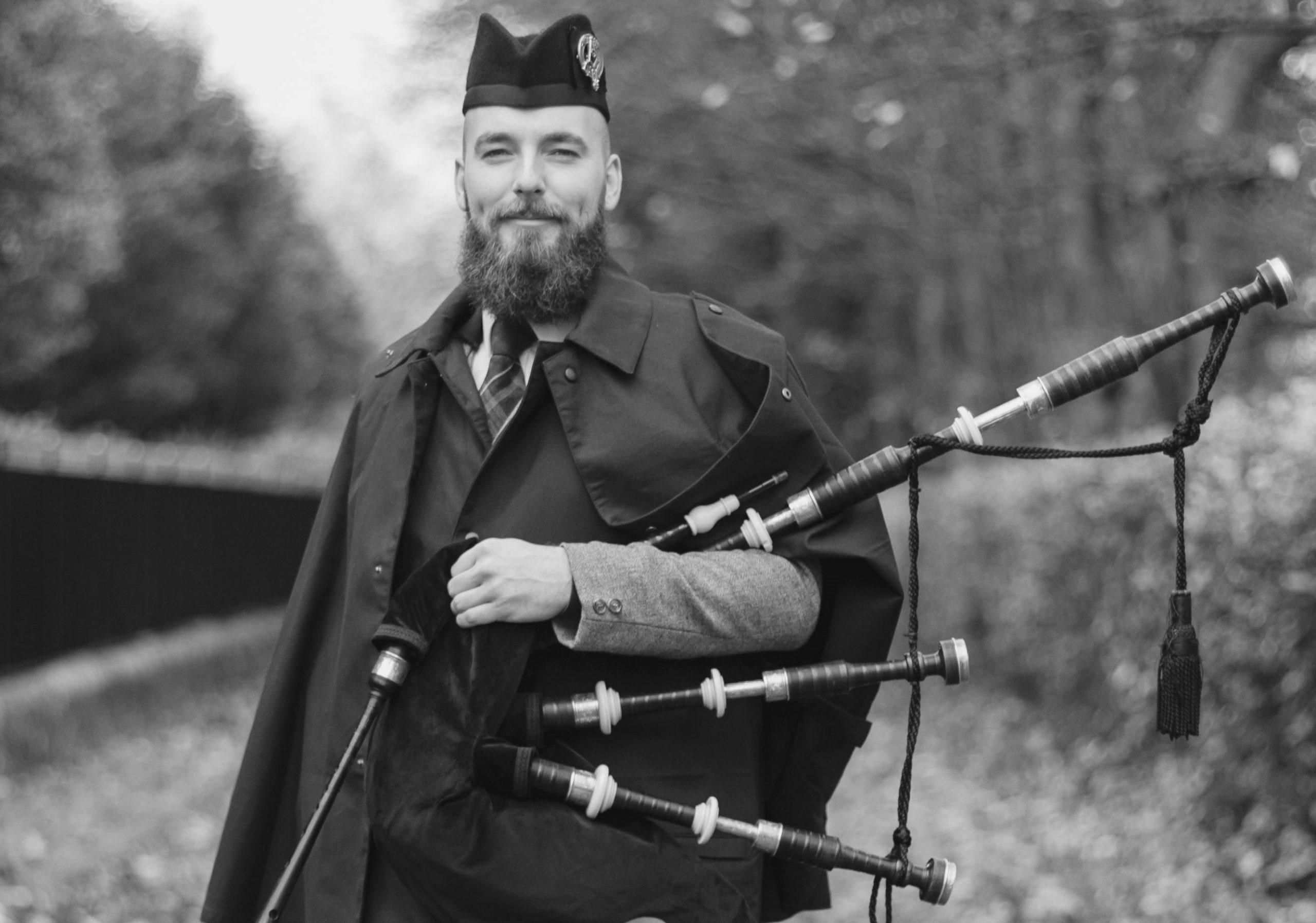 Black and white bagpiper