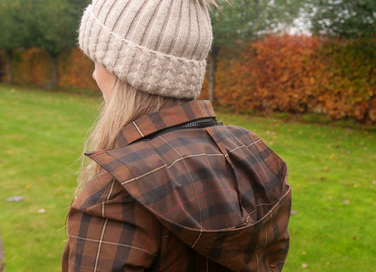 MrAntonyLadiesTartanCoat-91 Female wearing a custom order Mister Antony Inverness Cape and a woollen hat